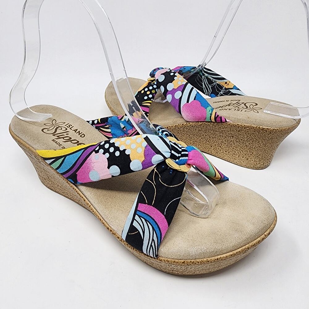 Island Slipper Wedge Women 8 Colorful Pink Black Fabric with Gold Ring Comfort